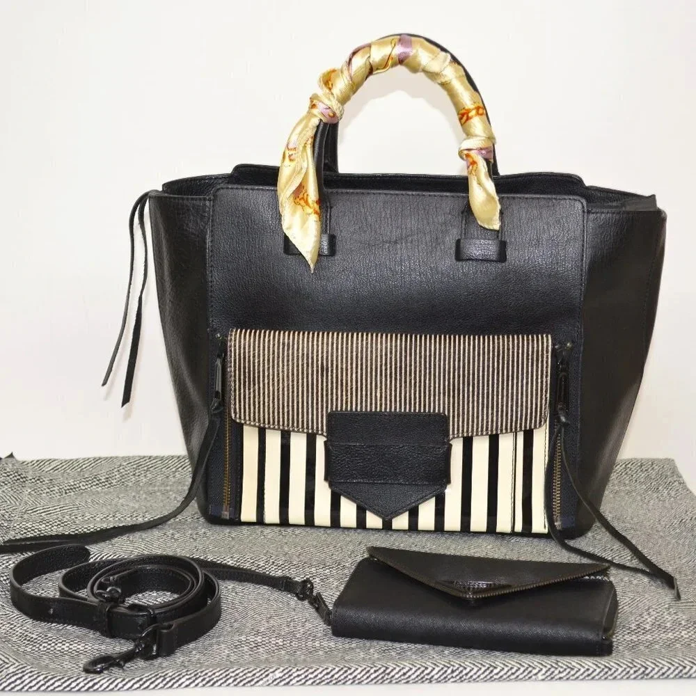 REBECCA MINKOFF COPENHAGEN BLACK/ WHITE PEBBLED LEATHER TOTE - Picture 1 of 16